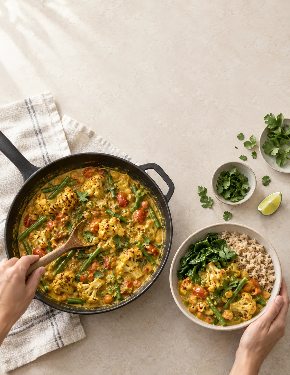 Sauce and vegetables being stirred in a pan and served into a bowl with grains