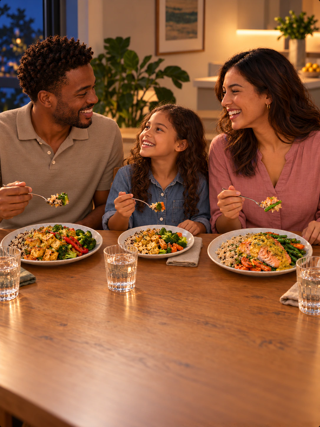 Parents and their child share an evening dinner of sauced tofu, chickpeas and salmon with vegetables and grains at home