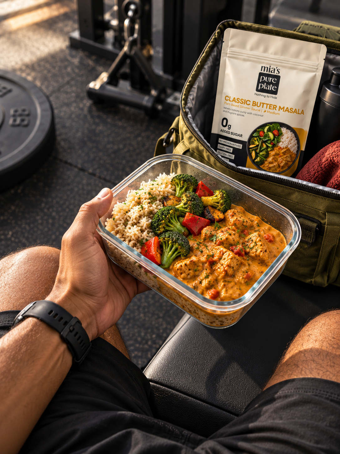 A person holds a glass meal container with rice, vegetables and sauce-coated protein at the gym, beside a bag containing a Classic Butter Masala pouch