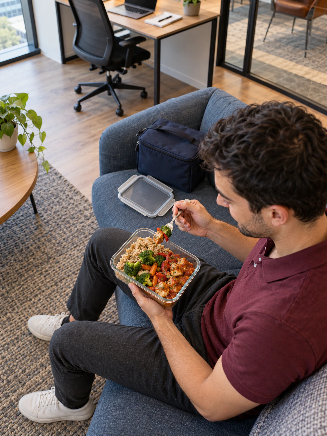 Overhead view of a man having a packed lunch with sauced chicken, brown rice and vegetables from a glass meal box while seated on an office sofa