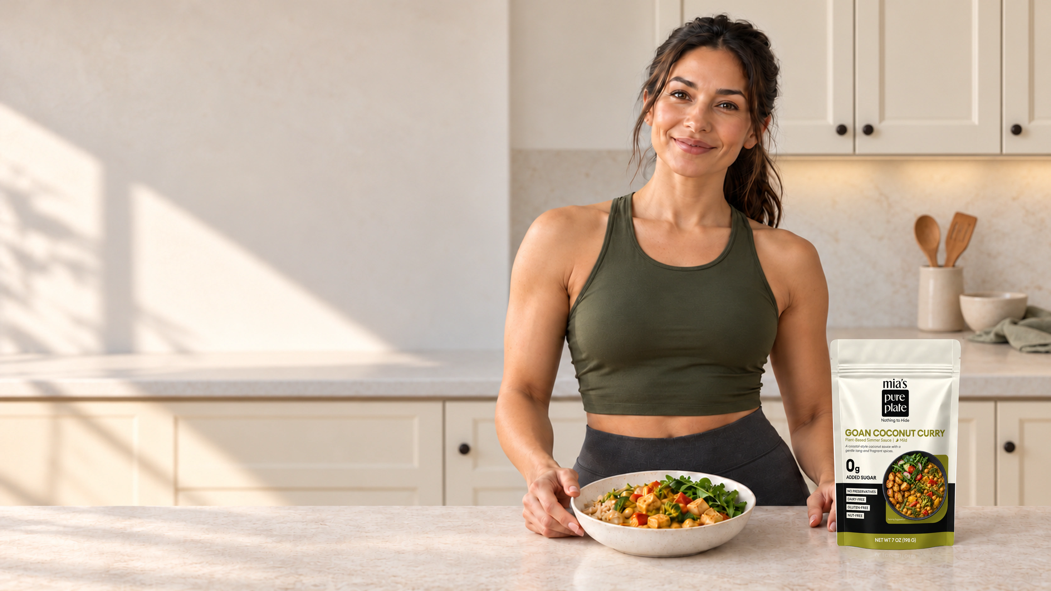 A woman in olive activewear presents a Goan curry meal beside a Mia's Pure Plate Goan Coconut Curry pouch in a cream kitchen