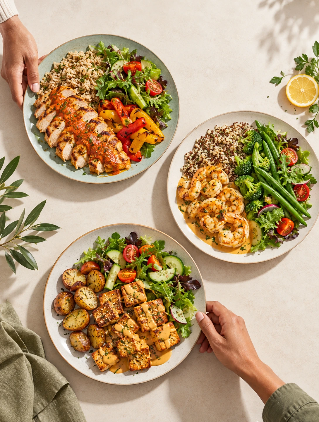 Hands bring three plates of sauce-coated protein, vegetables and grains to a shared table