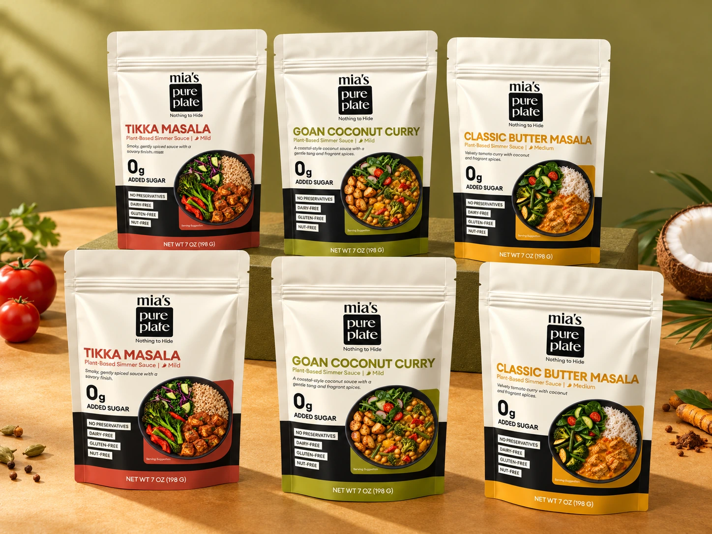 Six Mia's Pure Plate sauce pouches: two Tikka Masala, two Goan Coconut Curry, and two Classic Butter Masala, arranged in warm natural light